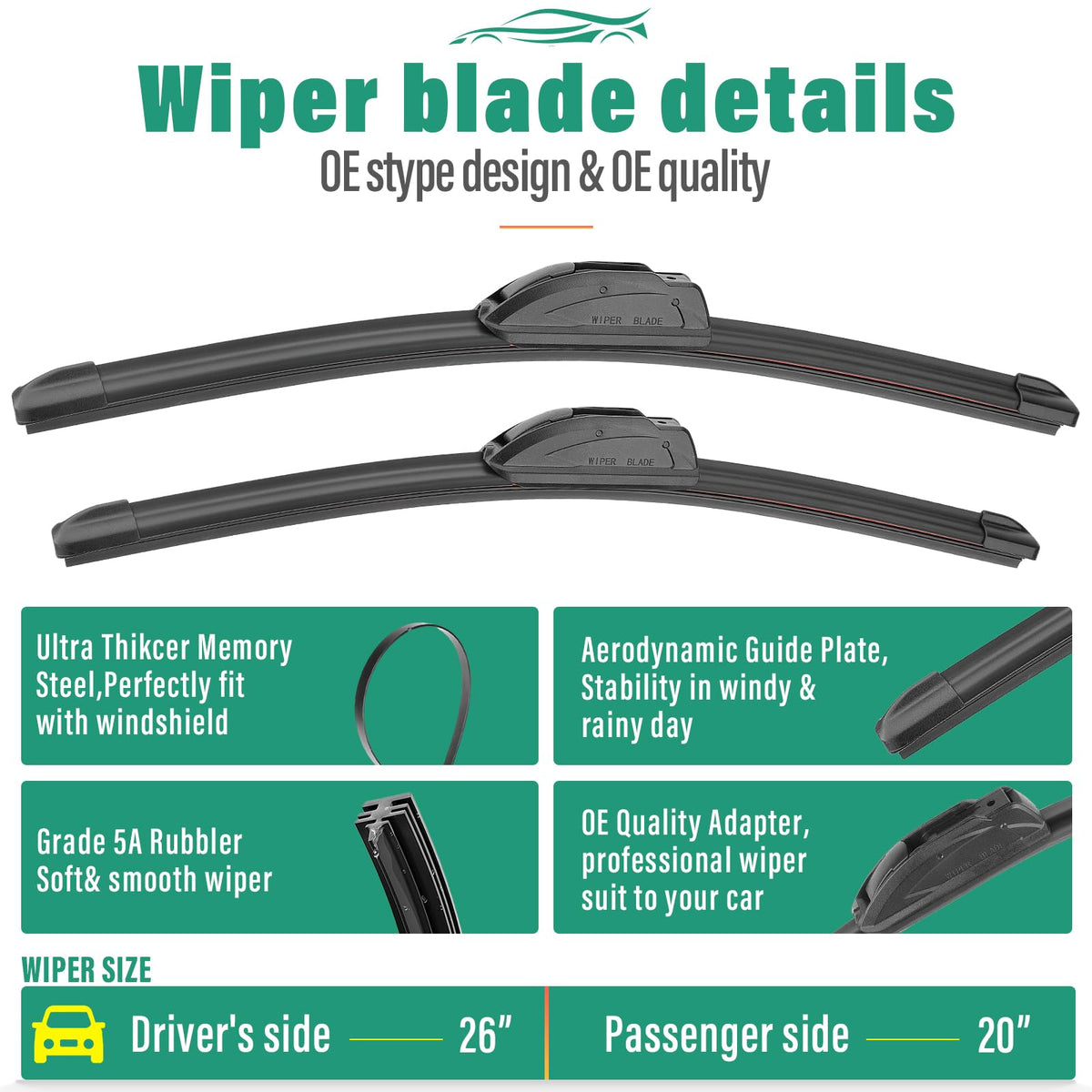 WINDSMILE 20-inch passenger blade on windshield demonstrating streak-free wipe benefit