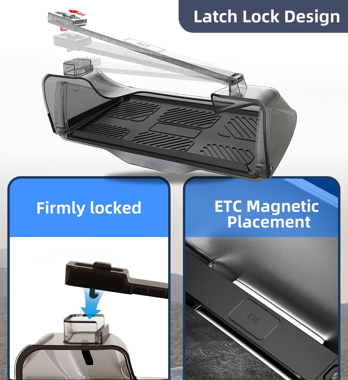 WinDu extended tray holding phone and keys for easy reach while driving