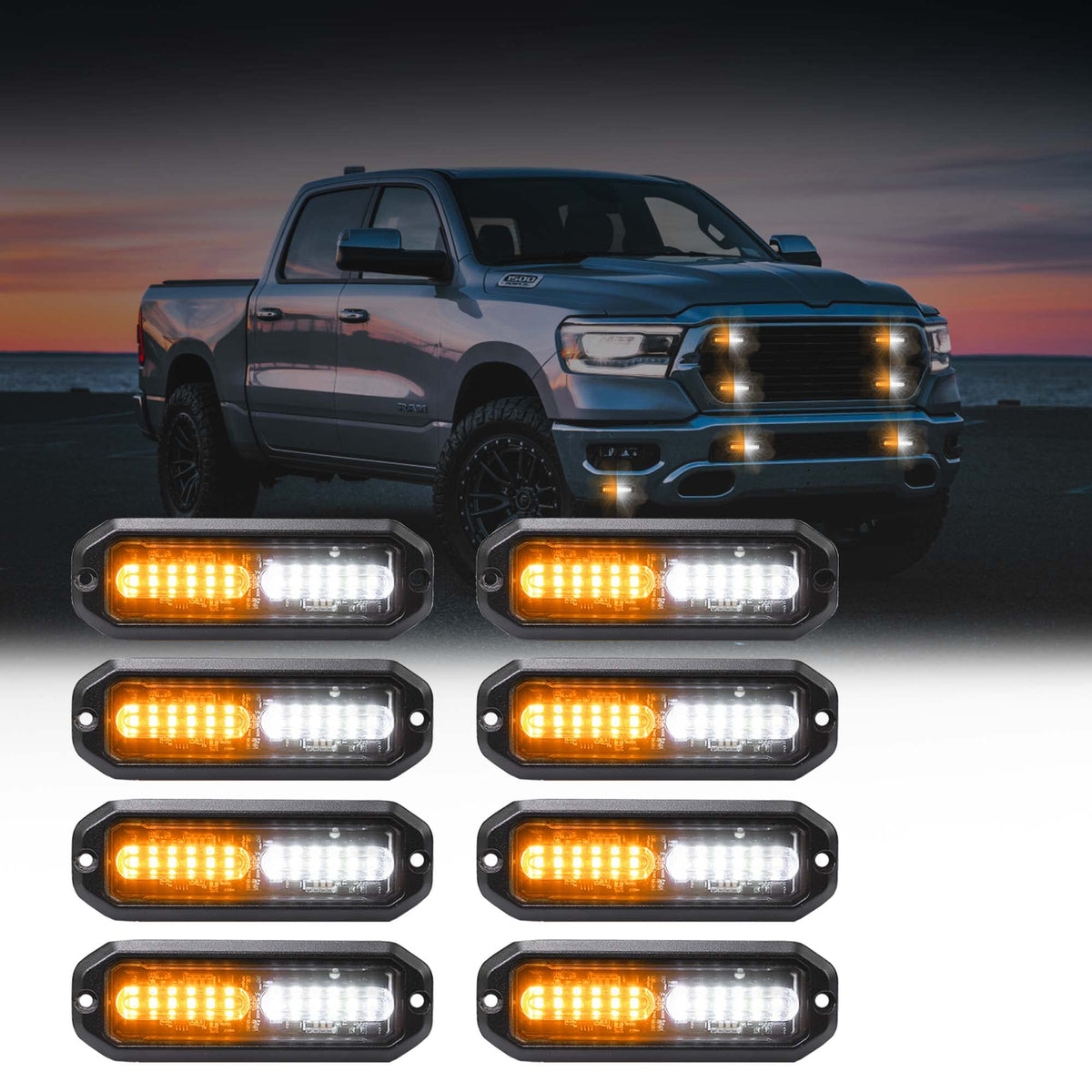 WINECO front view amber white strobe bar showing slim flush mount and high visibility