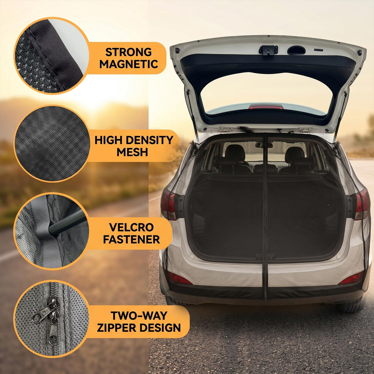 Wingsflee mesh mounted on SUV tailgate in outdoor setting for shelter benefit