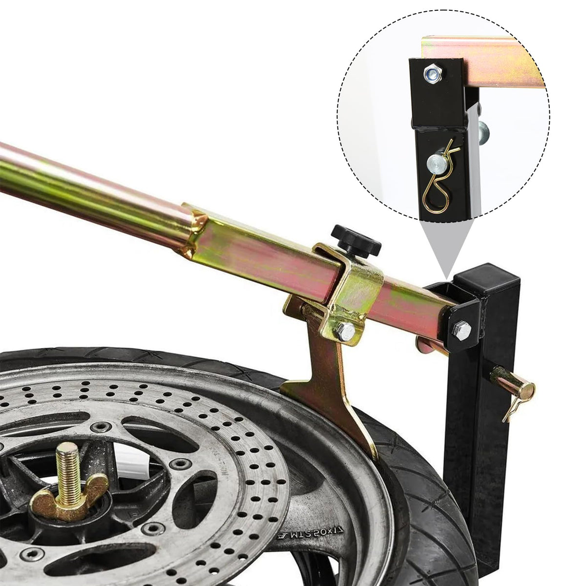 WINMAX TOOLS wheel mounted in stand for secure, hands‑free removal
