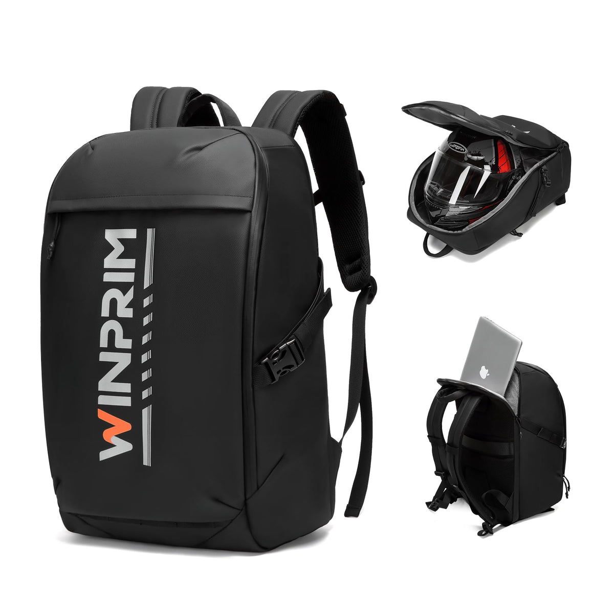 WINPRIM front view with helmet attached showing large capacity and convenience