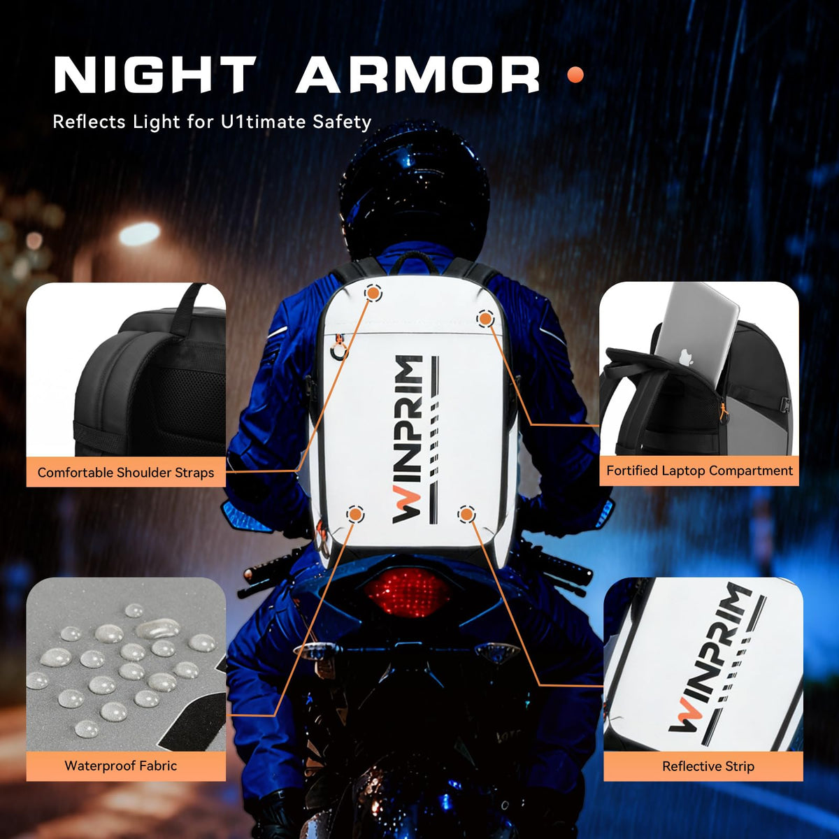 WINPRIM reflective panel illuminated at night increasing rider visibility