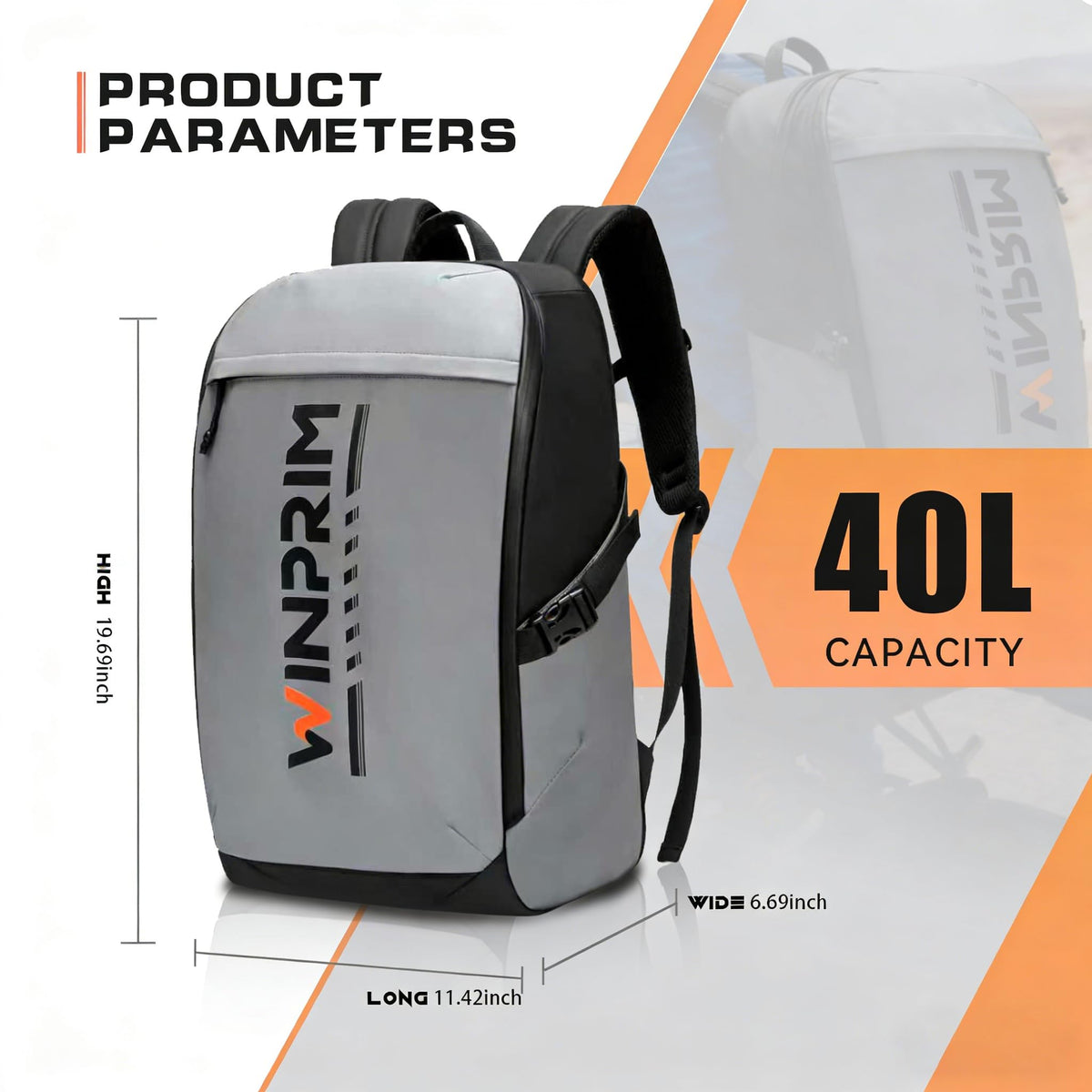 WINPRIM padded shoulder straps and breathable back panel for comfort