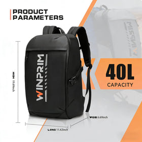 WINPRIM backpack in use next to motorcycle illustrating on-the-road practicality
