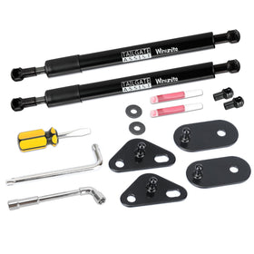Winunite dual tailgate assist front packaging showing both black struts and benefits