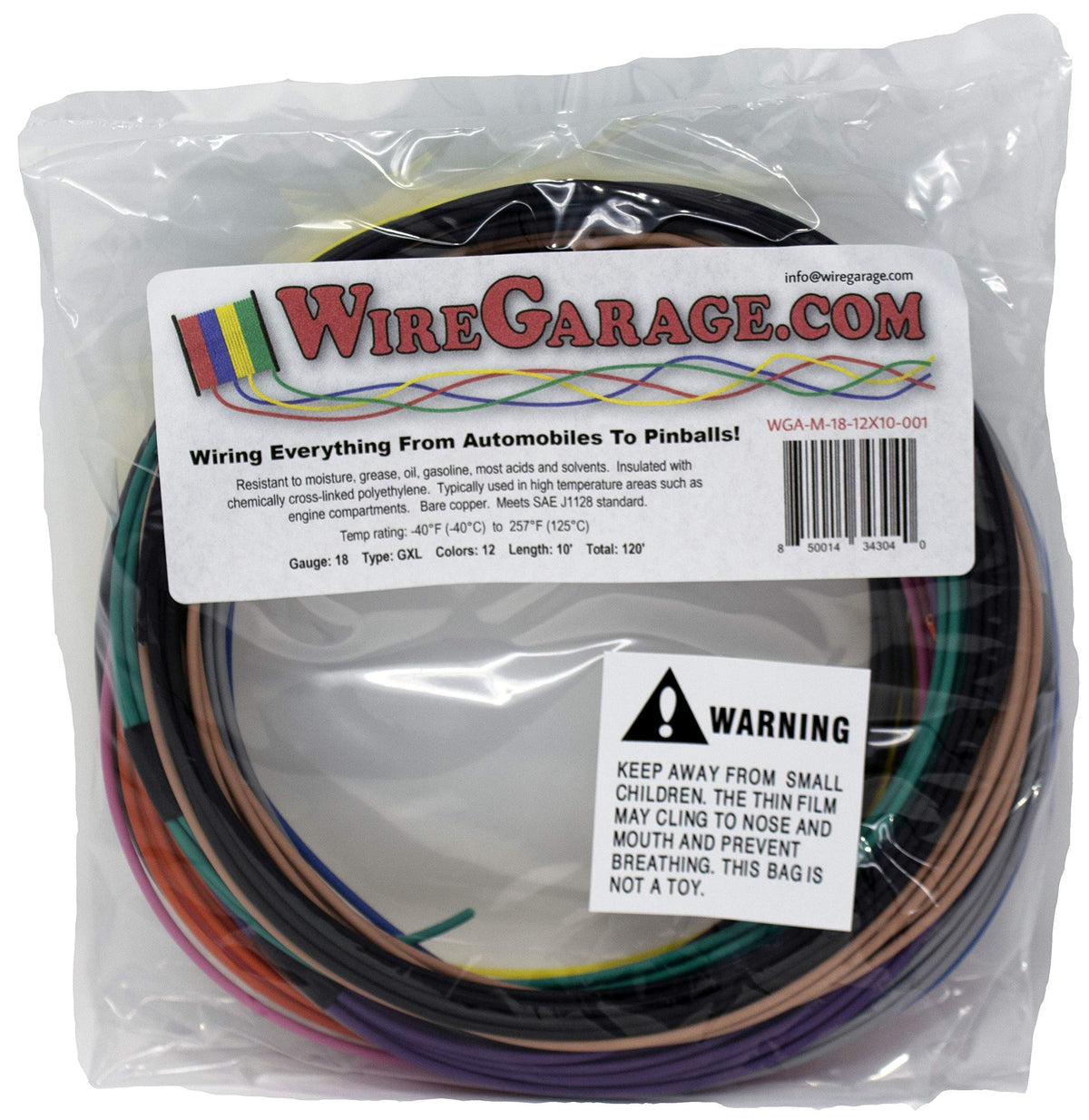WireGarage GXL 18 AWG front packaging showing colorful 12-color bundle and benefits