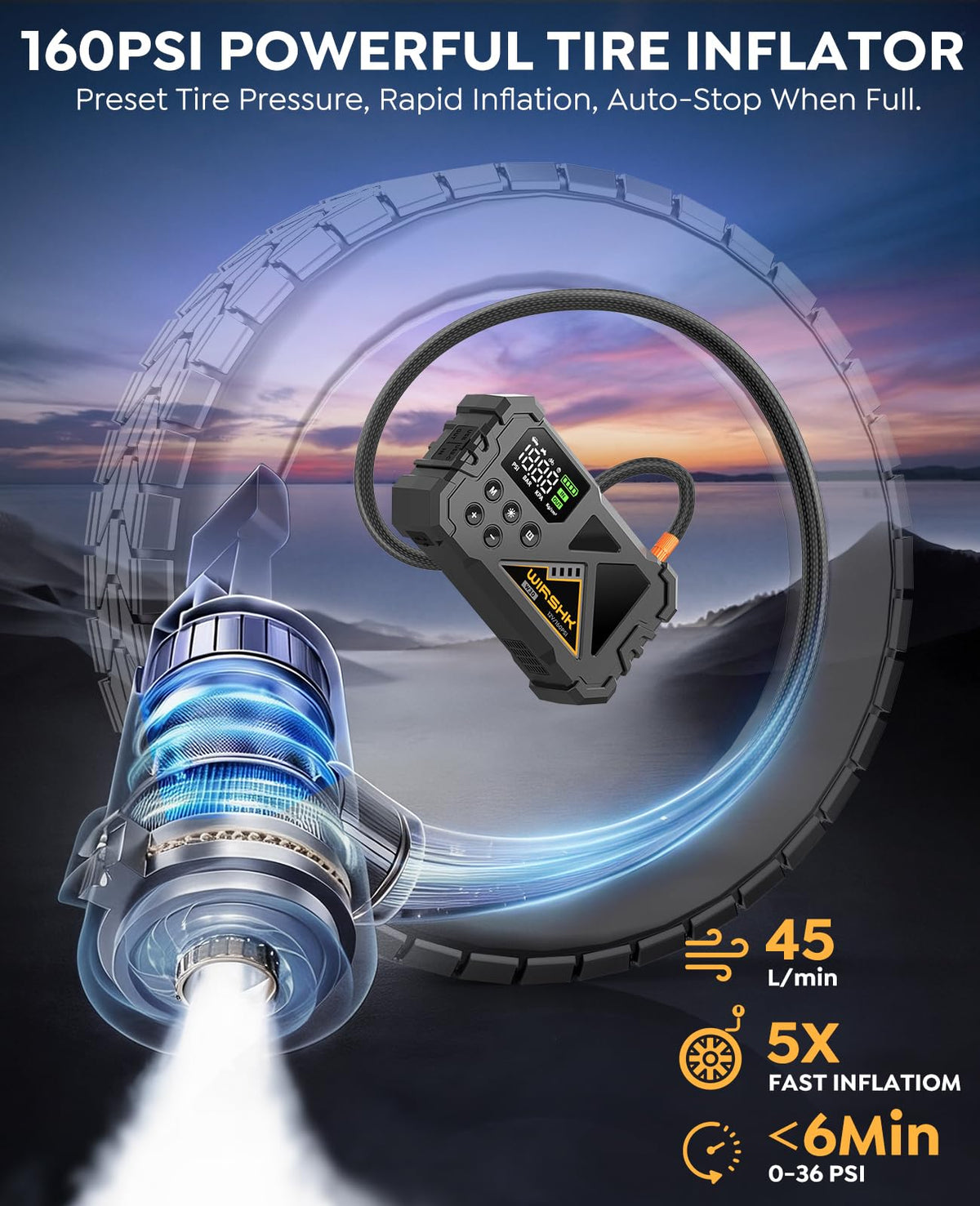 WIRSHK compressor hose and gauge inflating tire quickly and accurately