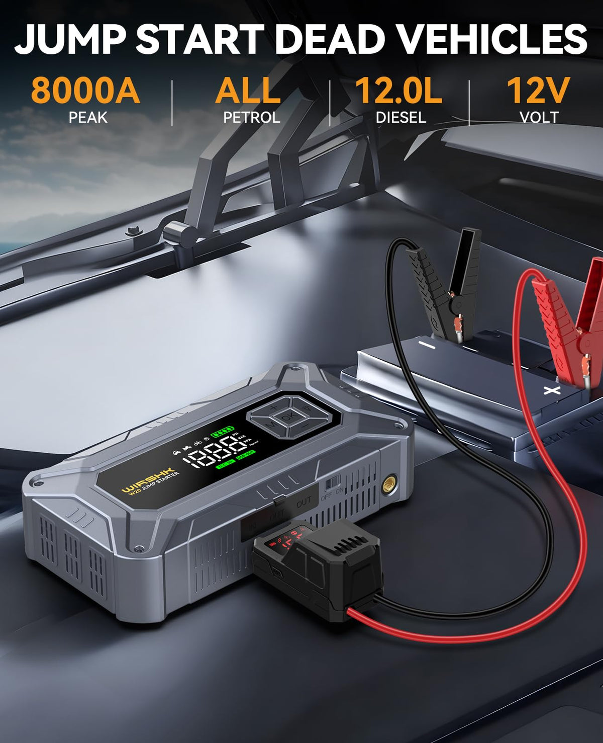 WIRSHK smart jumper clamps close-up showing safety indicators for correct connection