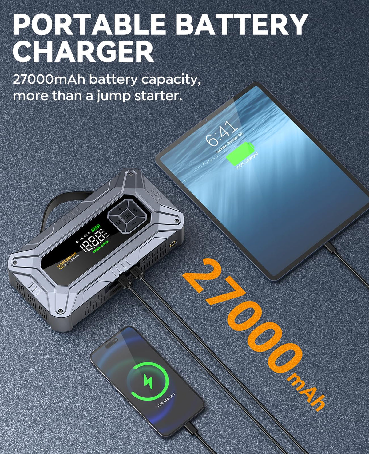 WIRSHK power bank ports close-up showing USB charging convenience on the go