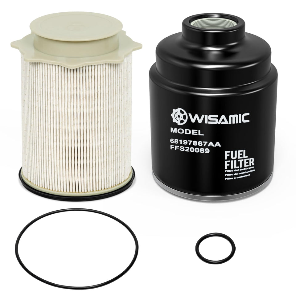 Wisamic front view of fuel filter kit showing components and fitment benefit