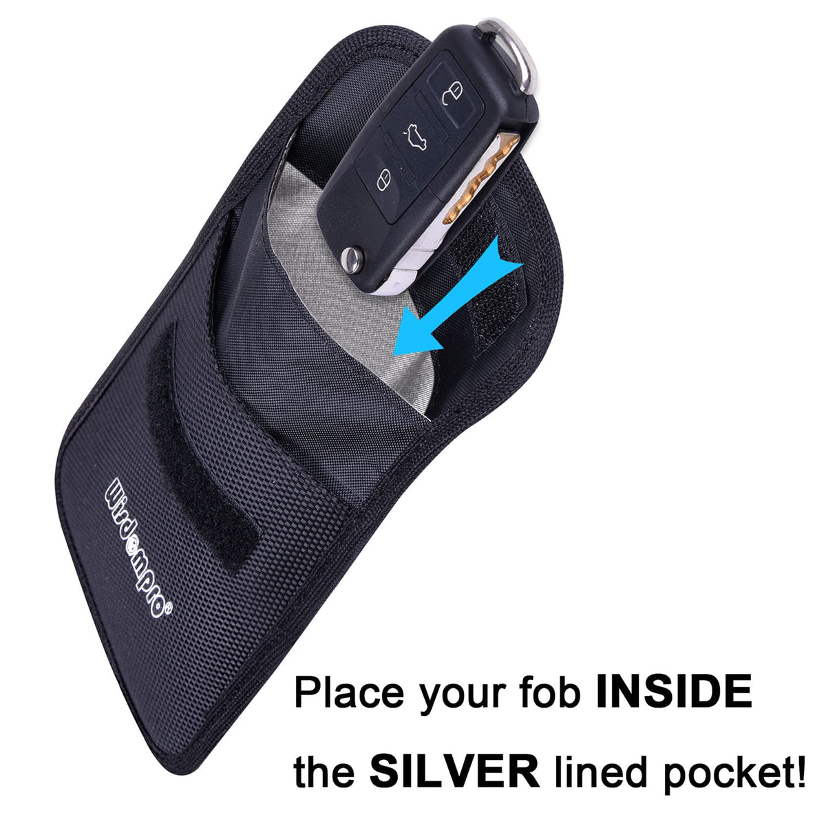 Wisdompro showing key fob inserted into silver pocket for secure blocking
