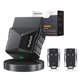 WiseSeek front packaging showing two replacement key fobs and OBD plug, clear kit contents benefit