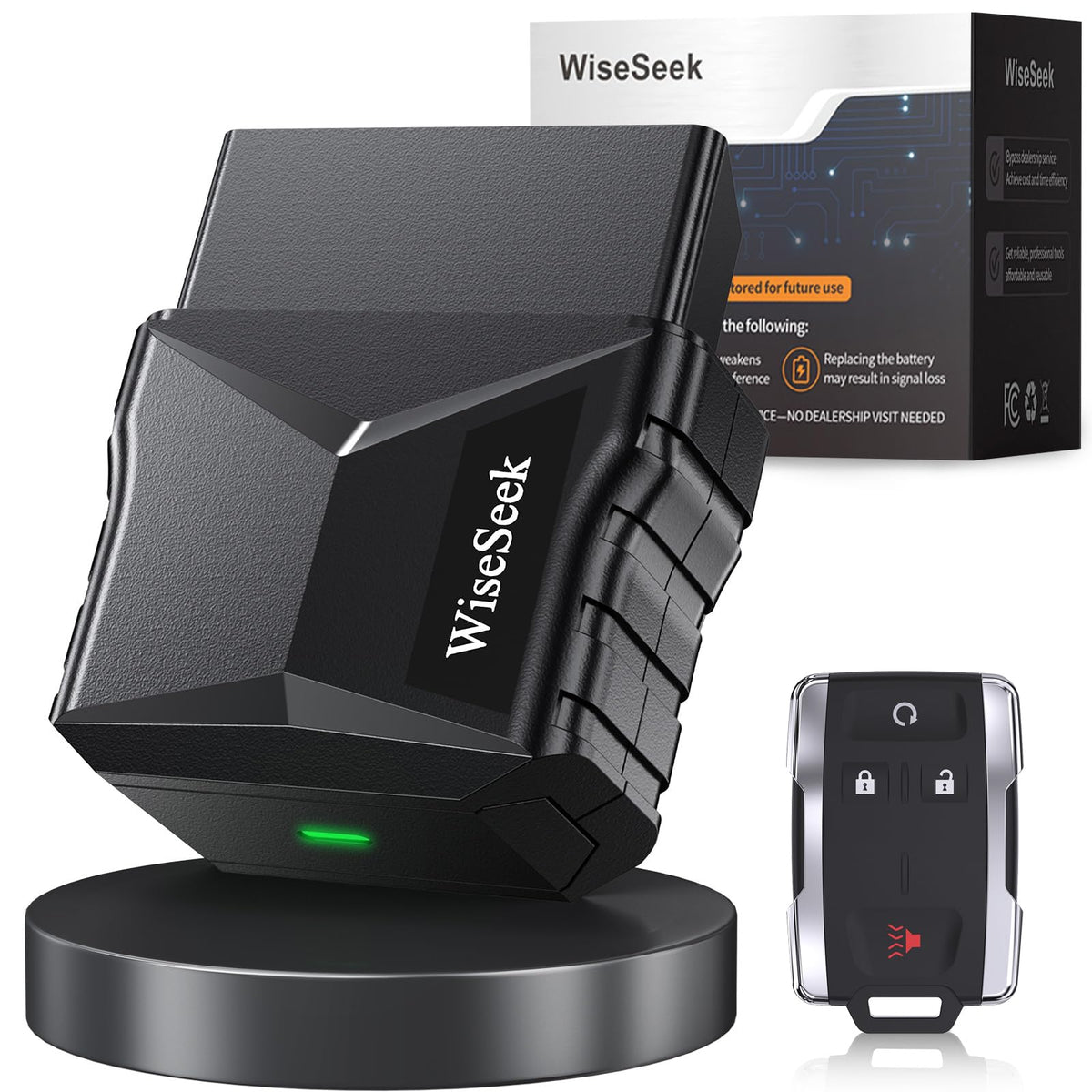 WiseSeek key fob front view showing buttons and brand, clear replacement option