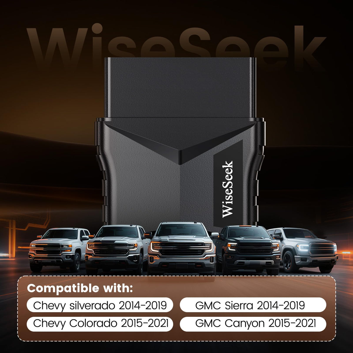 WiseSeek close-up of OBD plug connector, brand emphasizing easy plug-and-play programming