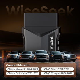 WiseSeek close-up of OBD plug connector, brand emphasizing easy plug-and-play programming