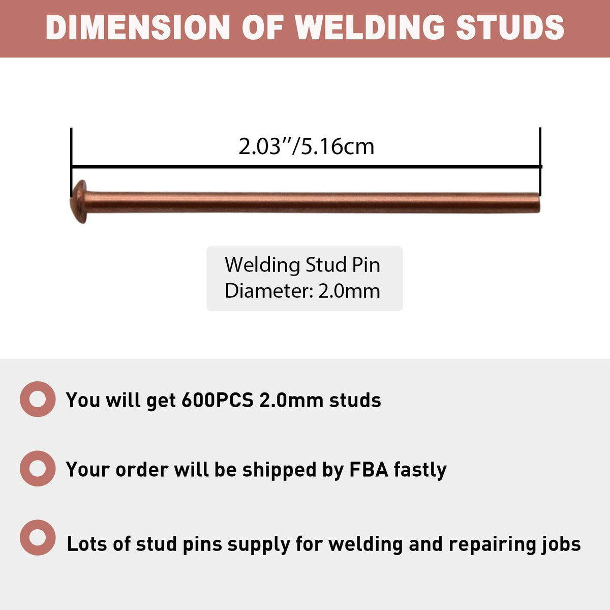 WISPAUSU close-up of a 2.0mm stud showing copper-coated finish for reliable welds