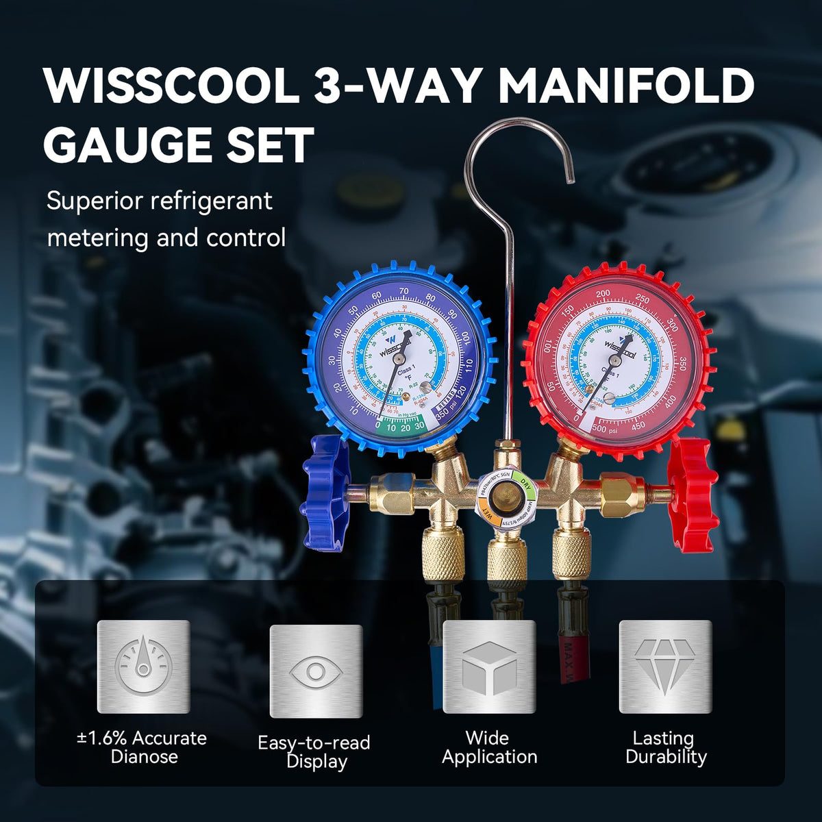 Wisscool manifold in use on vehicle AC, helping with on-car diagnostics