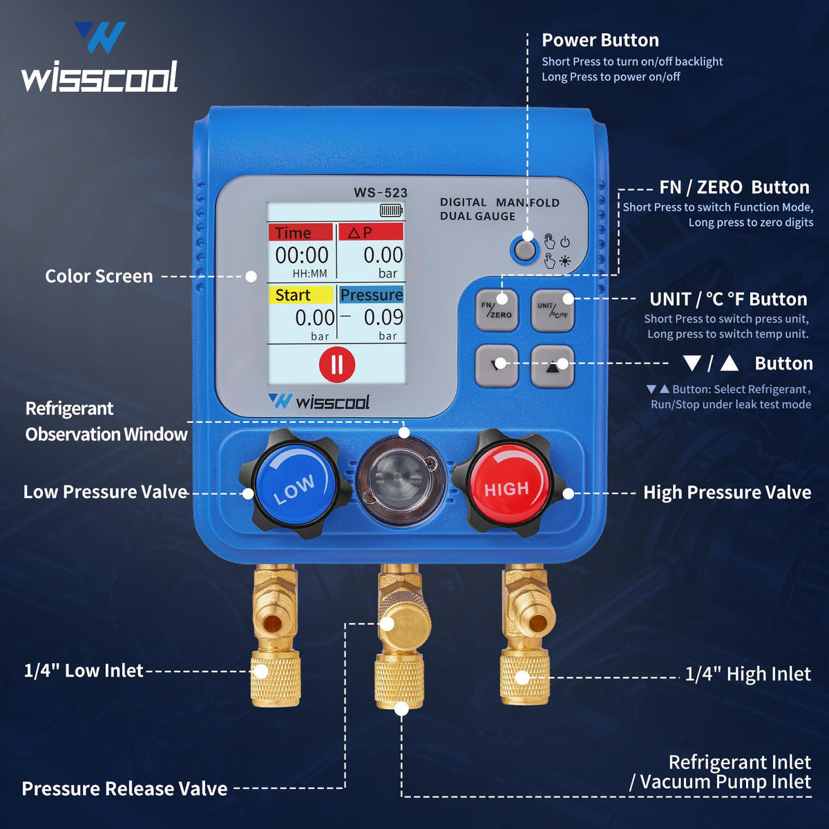 WISSCOOL sight glass closeup verifying refrigerant flow for confident charging