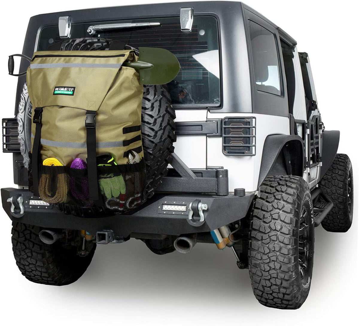 WITSTEP front view mounted on spare tire shows organized storage benefit