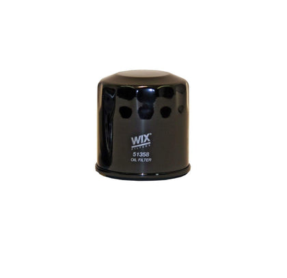 WIX 51358 front view spin-on filter showing label and threading for quick installation