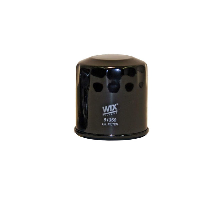 WIX 51358 front view spin-on filter showing label and threading for quick installation