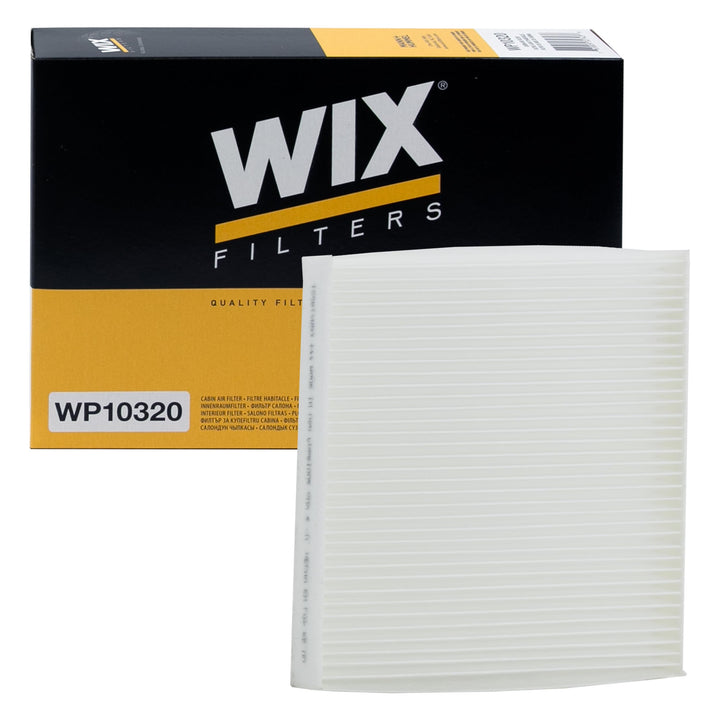 Wix cabin filter front packaging showing part WP10320 and benefits