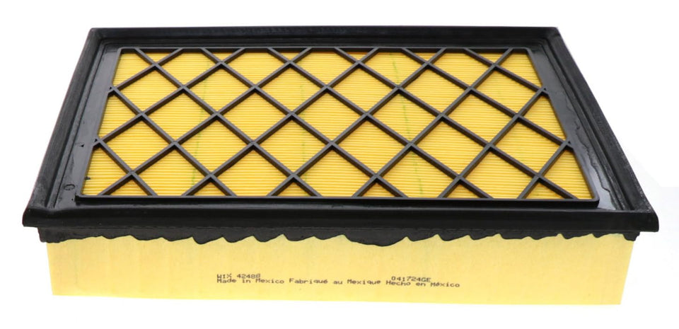 WIX front view of air filter panel showing clean media and frame, ensures reliable protection