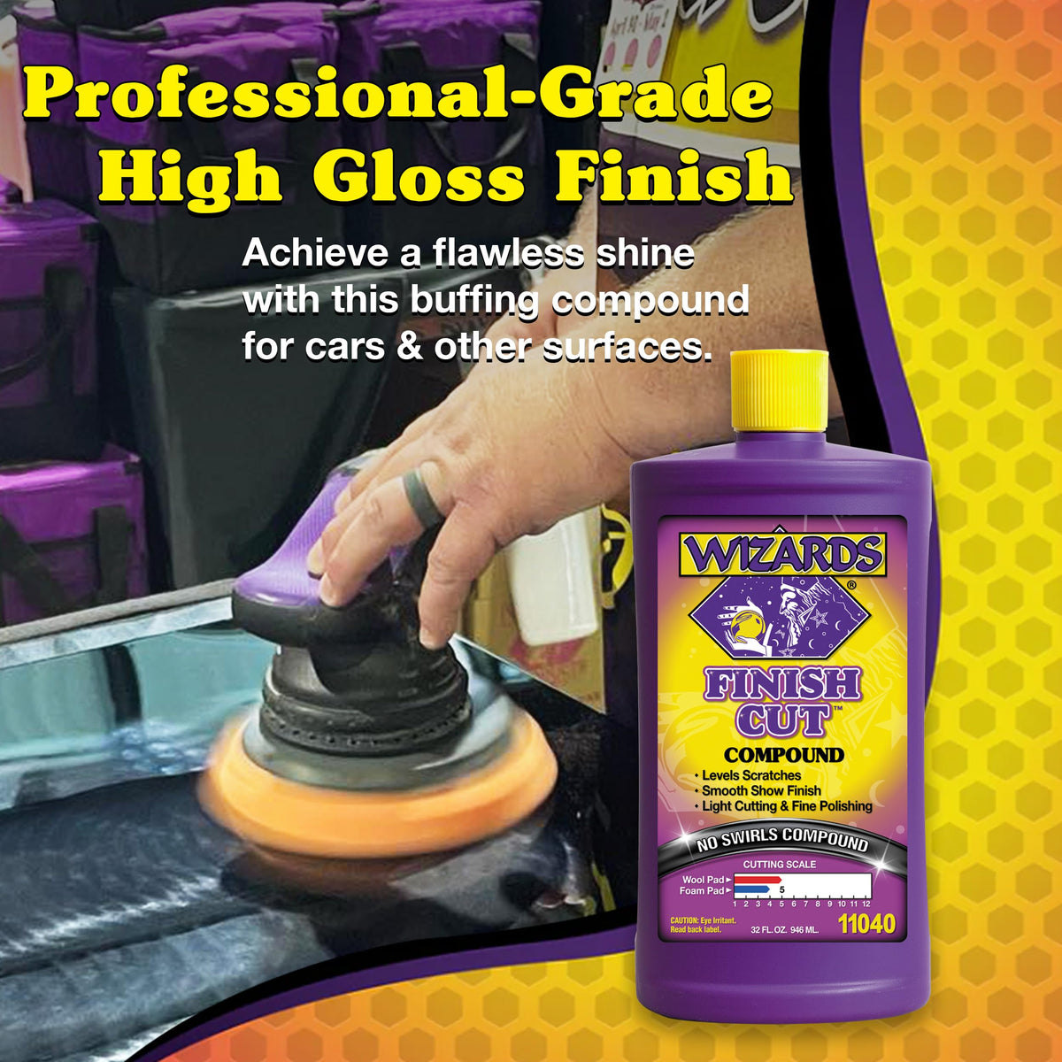 Wizards compound applied to car panel demonstrating fast defect removal