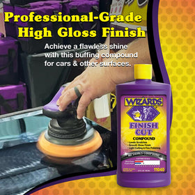 Wizards compound applied to car panel demonstrating fast defect removal