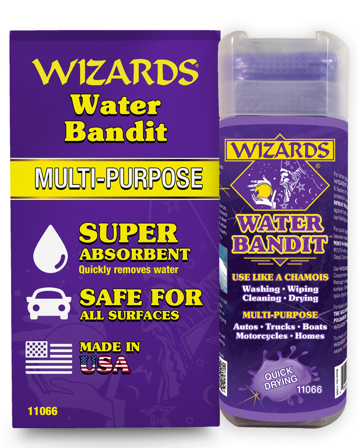 Wizards front packaging showing towel and compact case, highlights convenience