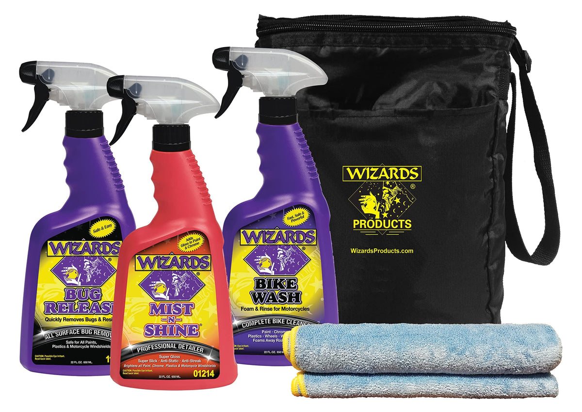 Wizards kit front packaging showing full motorcycle cleaning set and compact convenience
