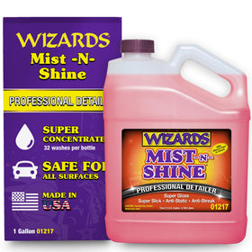 Wizards Mist-N-Shine gallon bottle front view showing product identity and professional supply benefit