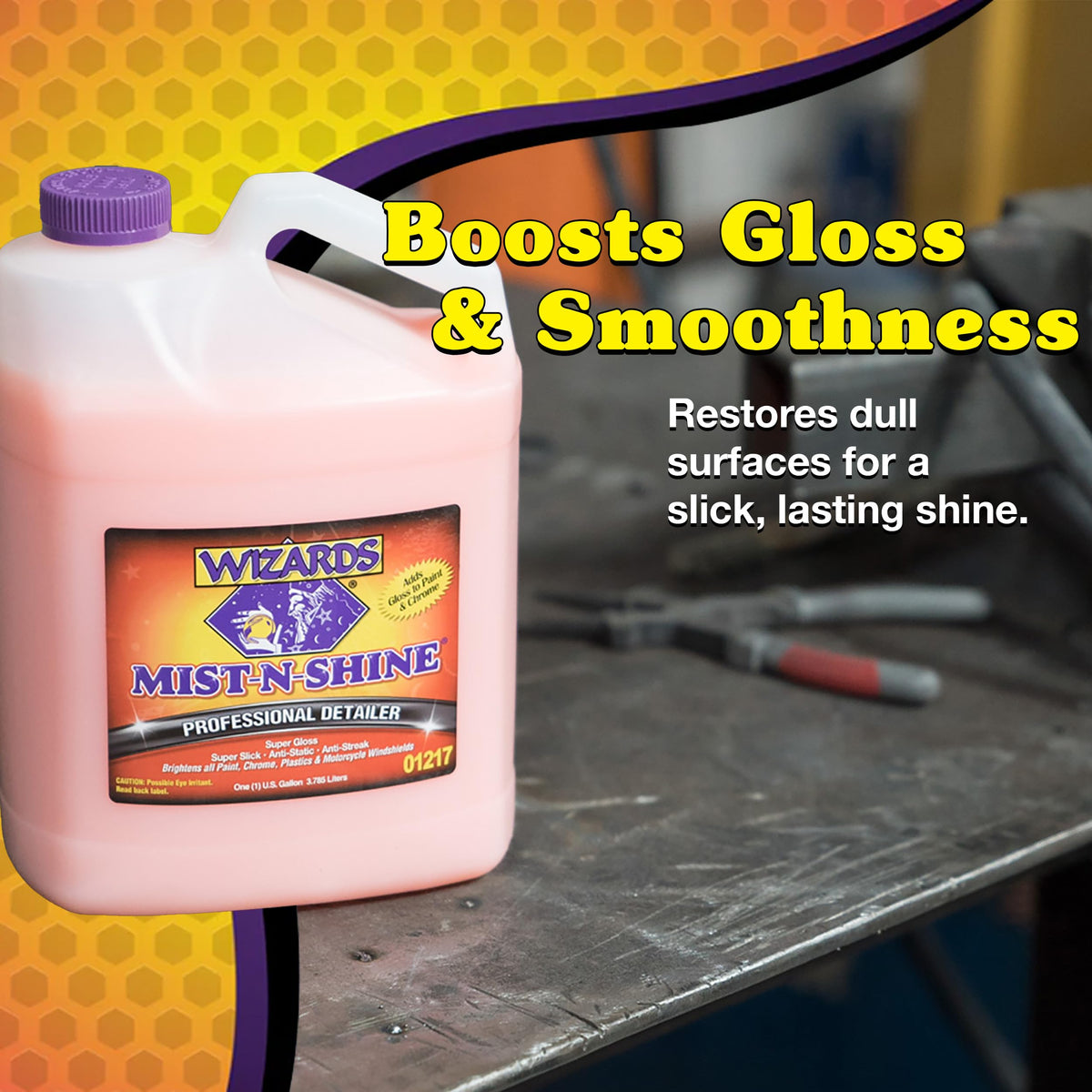 Wizards product used on chrome and glass illustrating streak-free shine and protective film