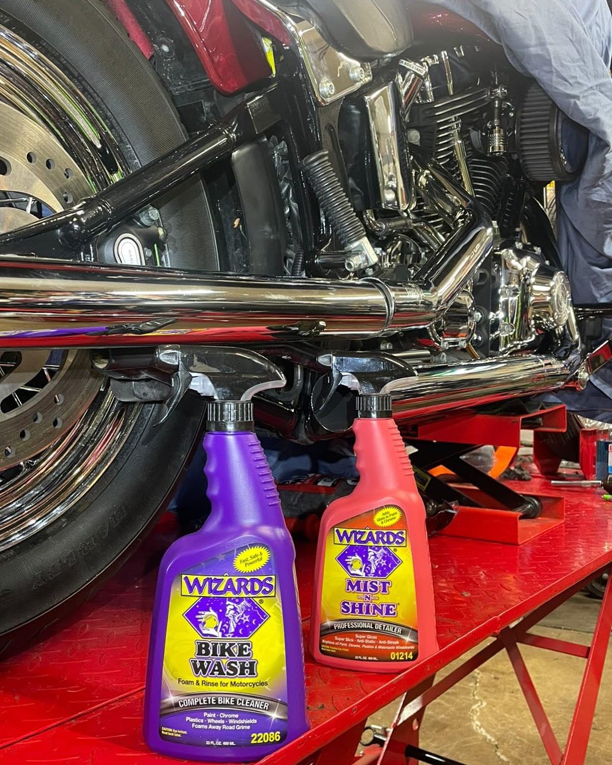 Wizards motorcycle before and after cleaning highlighting restored shine and clarity