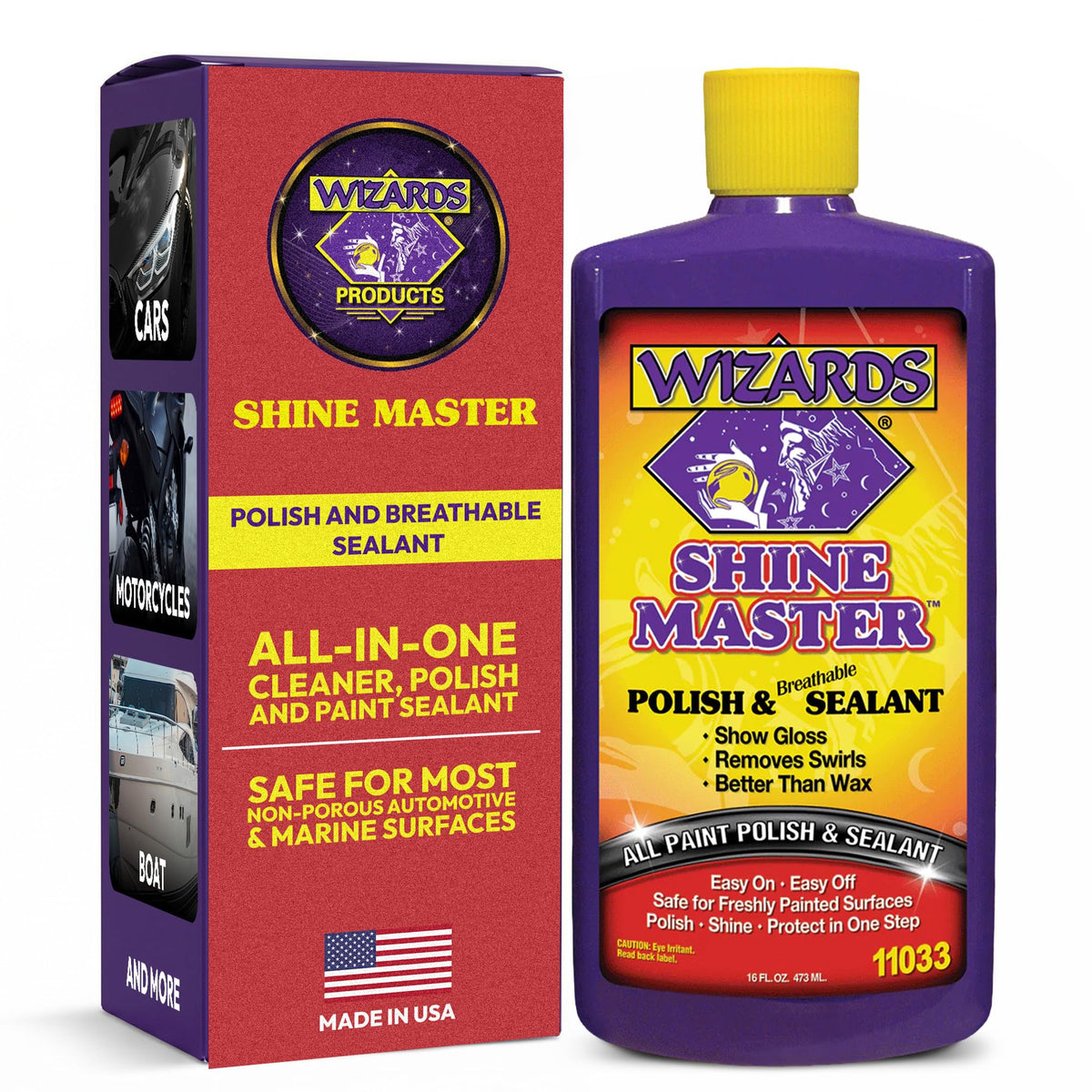 Wizards bottle front view shows product and professional finish benefit