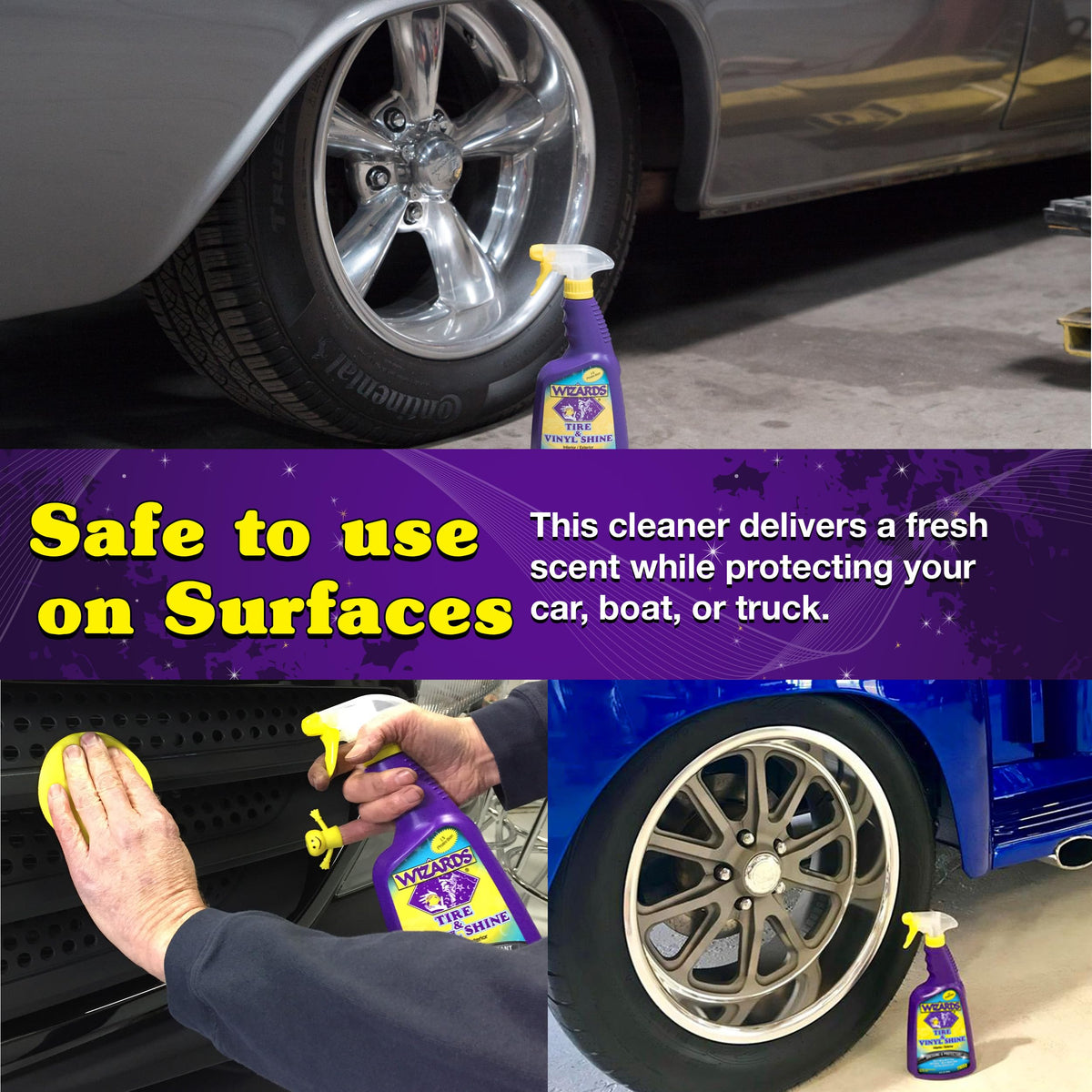 Wizards-treated wheel and tire with reduced sling and enhanced finish