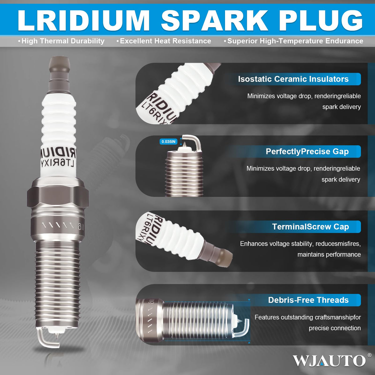 WJAUTO electrode detail showing iridium tip for faster ignition performance