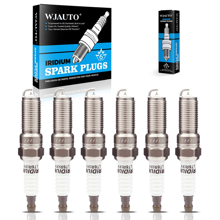 WJAUTO front packaging showing six iridium spark plugs and part labeling for easy identification and confidence