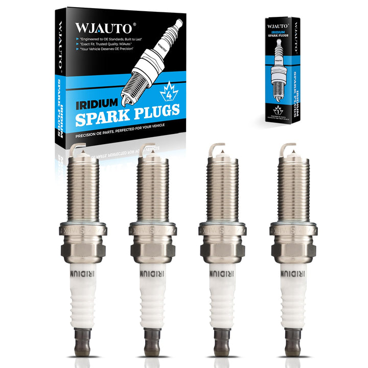 WJAUTO front packaging showing four iridium spark plugs and model labeling, reliable replacement
