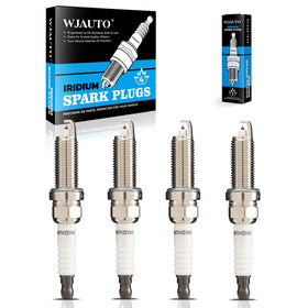WJAUTO spark plugs front packaging showing four pre-gapped plugs for quick replacement