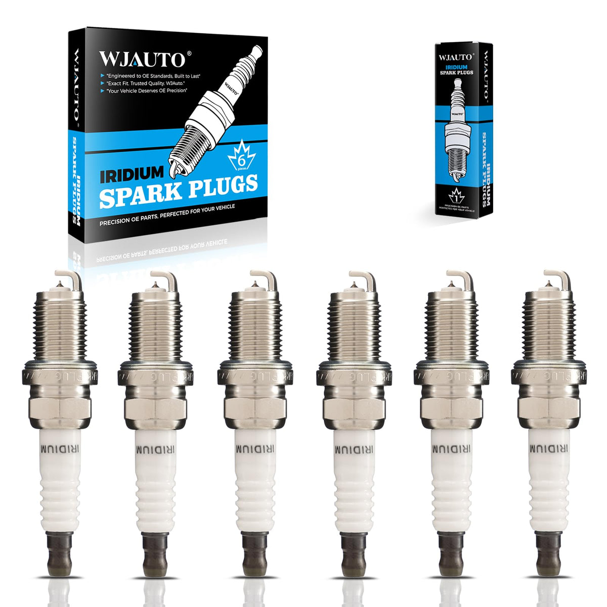 WJAUTO front packaging showing six iridium spark plugs and complete kit benefits