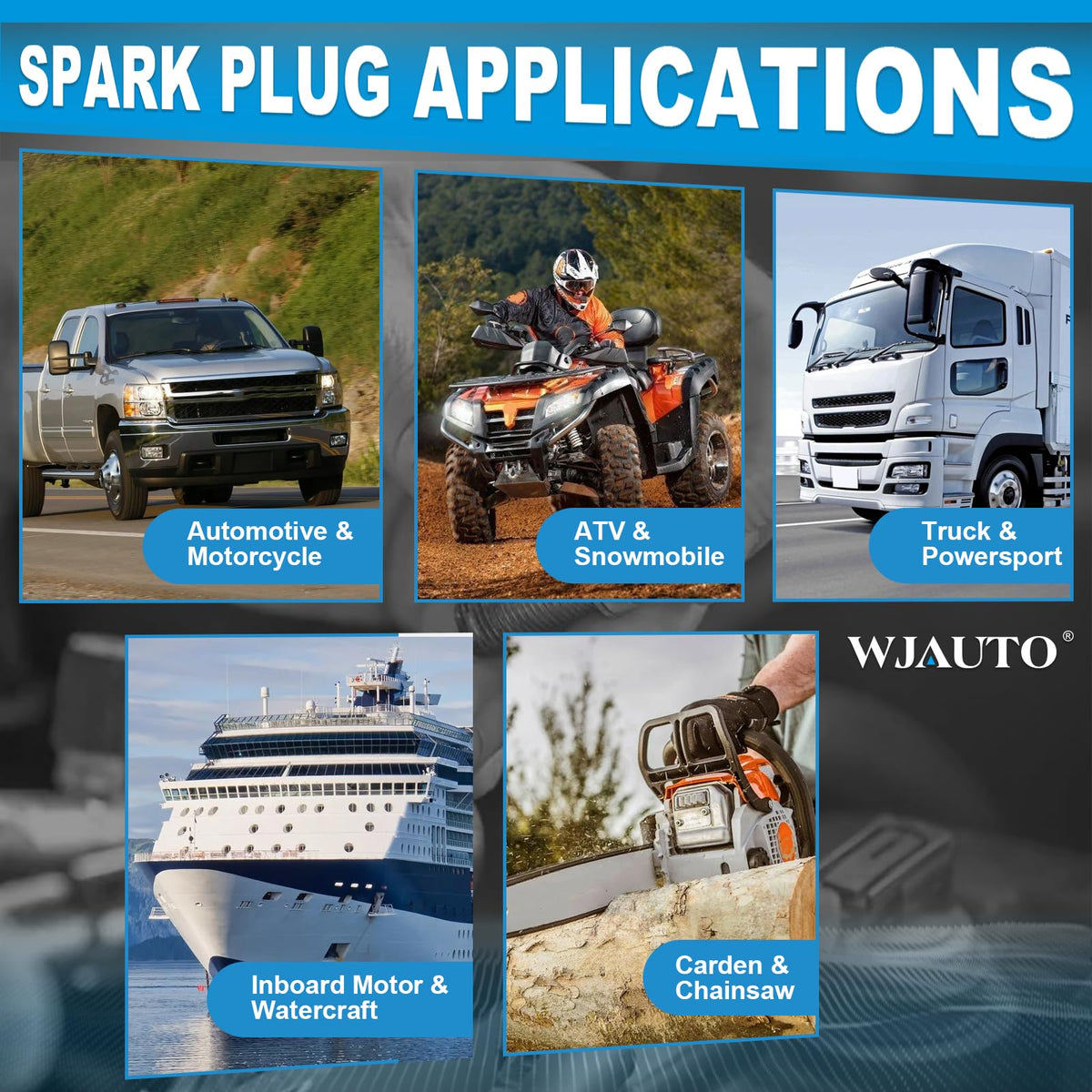 WJAUTO spark plugs on a garage workbench conveying ready-to-install convenience