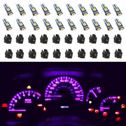 WLJH front view of pack of 20 purple T5 74 LED bulbs showing contents and benefit