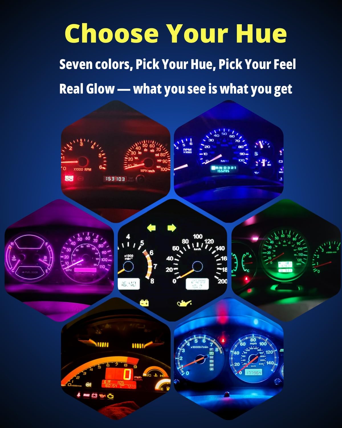 WLJH purple light casting on dash to show vivid, uniform illumination