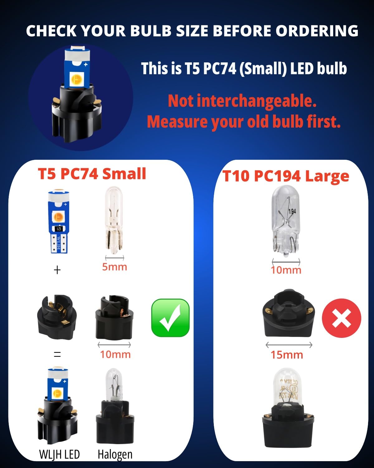 WLJH bulbs beside ruler showing compact T5 size for correct fit confirmation