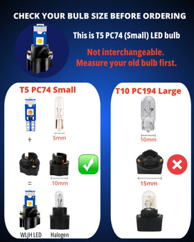 WLJH bulbs beside ruler showing compact T5 size for correct fit confirmation
