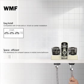WMF installation scale with ruler showing 4-inch on-center fit for quick install