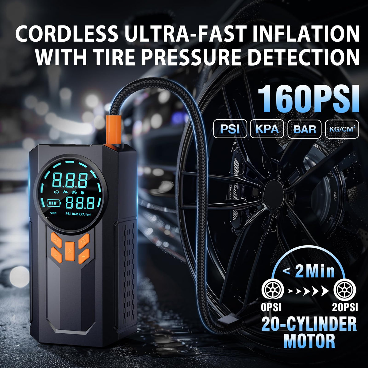 WNDFLV air compressor LCD displaying pressure and units for accurate inflation