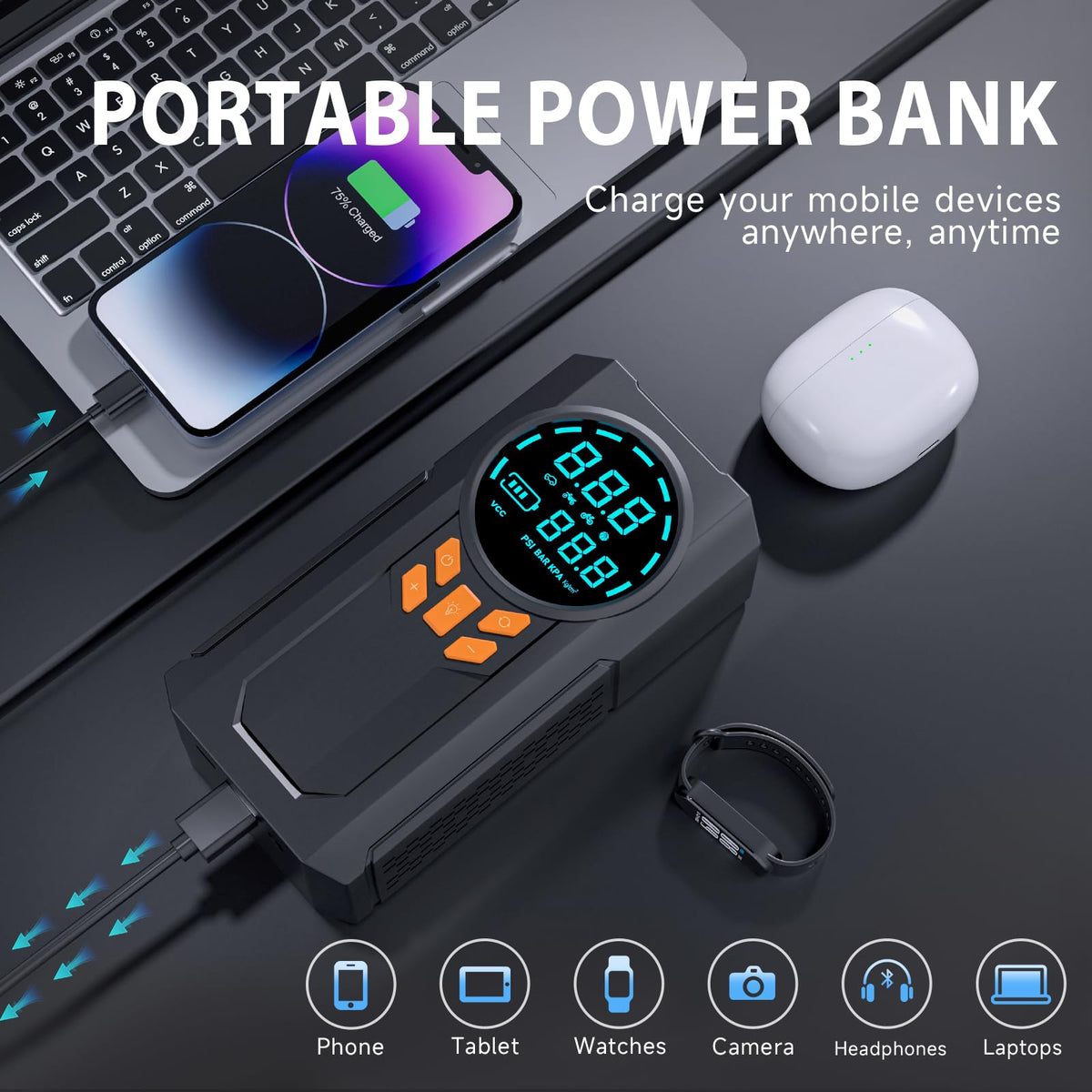WNDFLV LED and USB ports closeup providing portable light and device charging